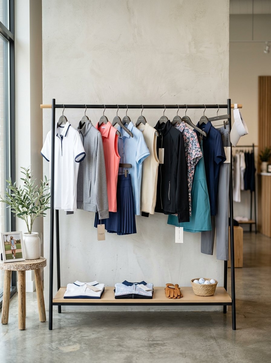 Black clothing rack displaying colorful golf shirts, skirts, and sweaters with accessories on a bottom shelf.