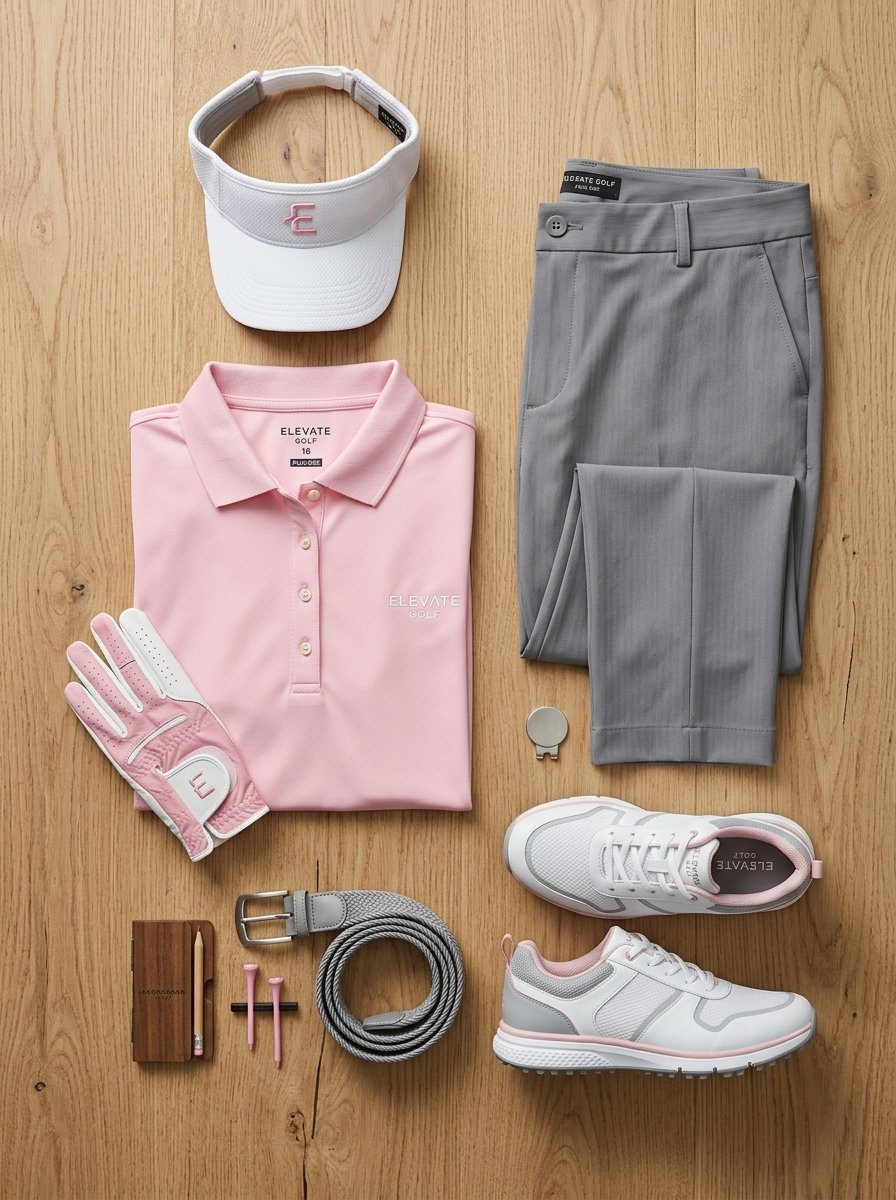 A flat lay of women's golf apparel including a pink polo, grey trousers, visor, golf shoes, glove, and small accessories.