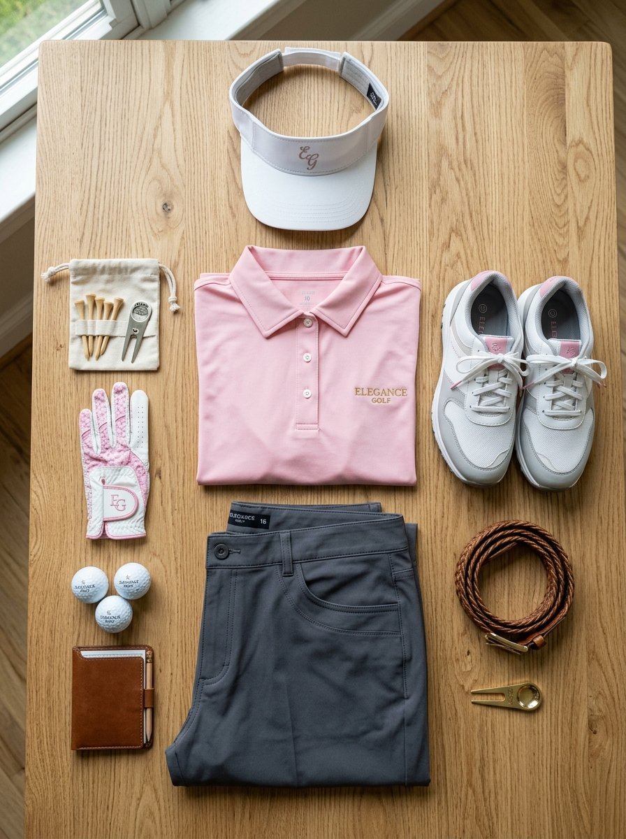 Top-down view of pink polo, grey pants, golf shoes, visor, and accessories arranged on a wooden table.