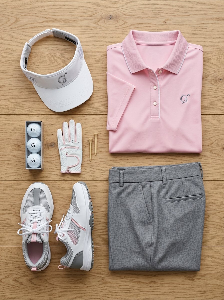 A flat lay of women's golf gear including a pink polo, grey pants, visor, gloves, balls, and athletic sneakers.