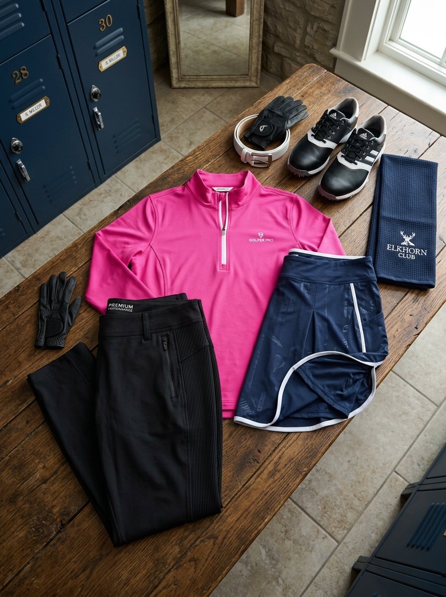 Pink golf shirt, navy skirt, black trousers, golf shoes, and club towel arranged on a wooden table near lockers.