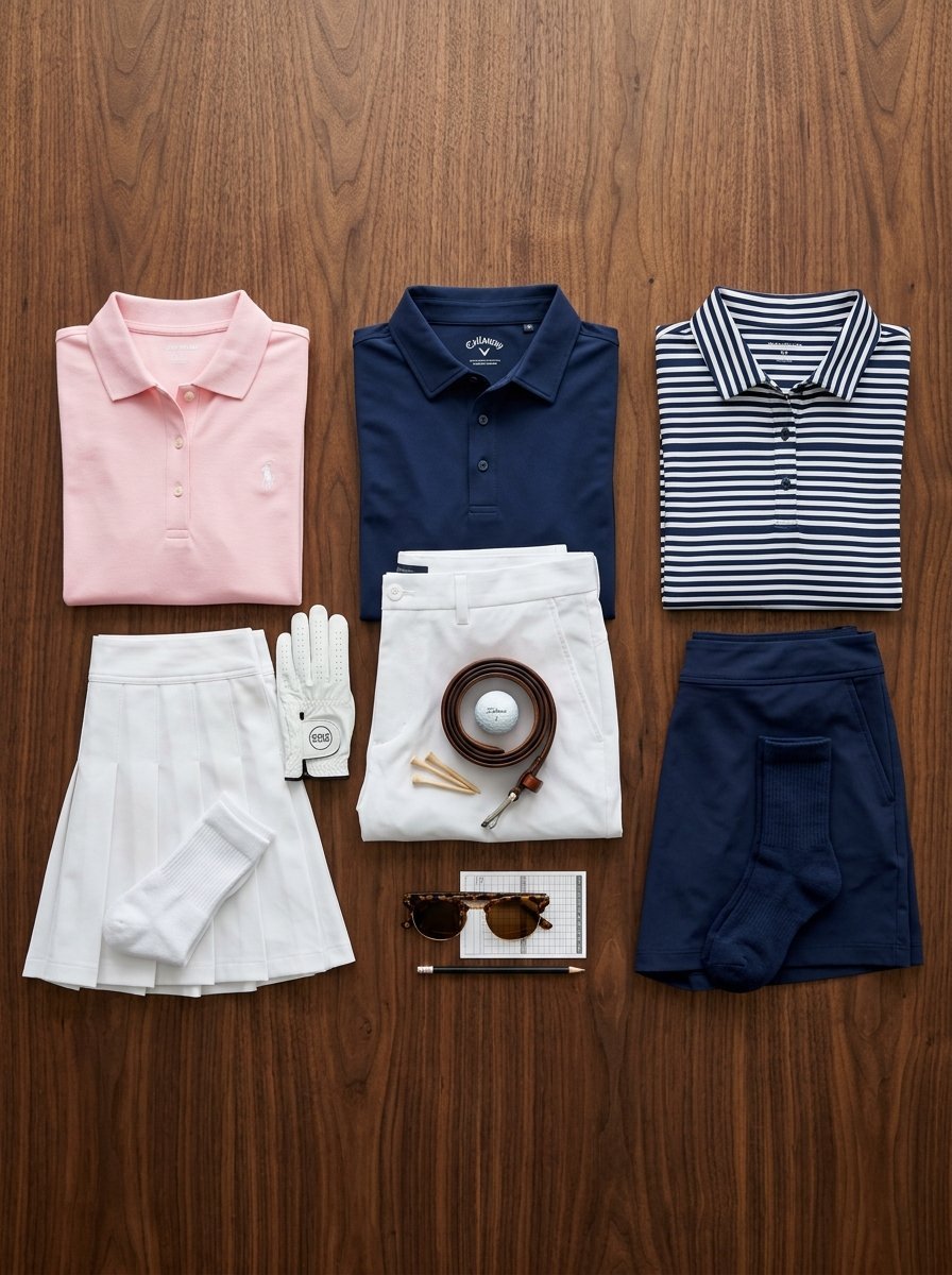 A top-down view of golf shirts, skirts, socks, a glove, a belt, ball, tees, and sunglasses on wood.
