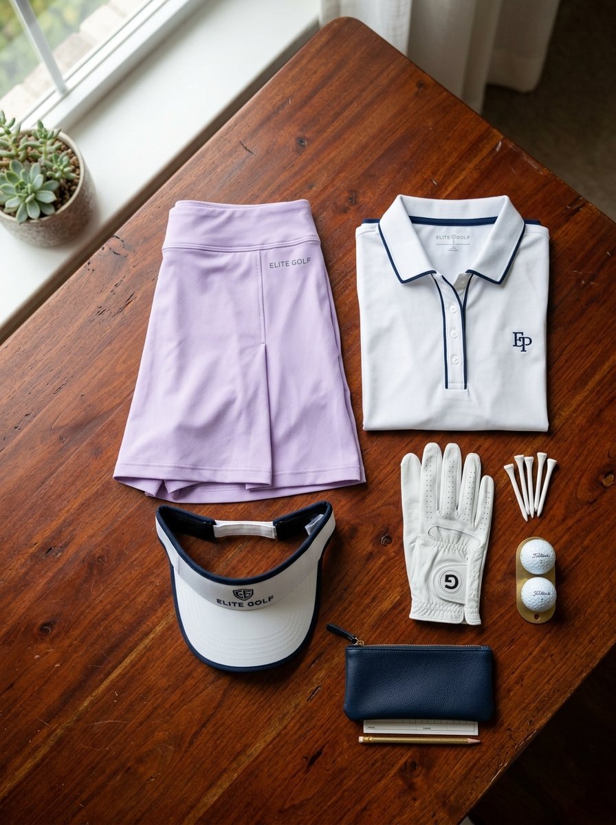 Flat lay of Elite Golf branded skirt, polo, visor, glove, balls, and accessories on a rustic wooden table.