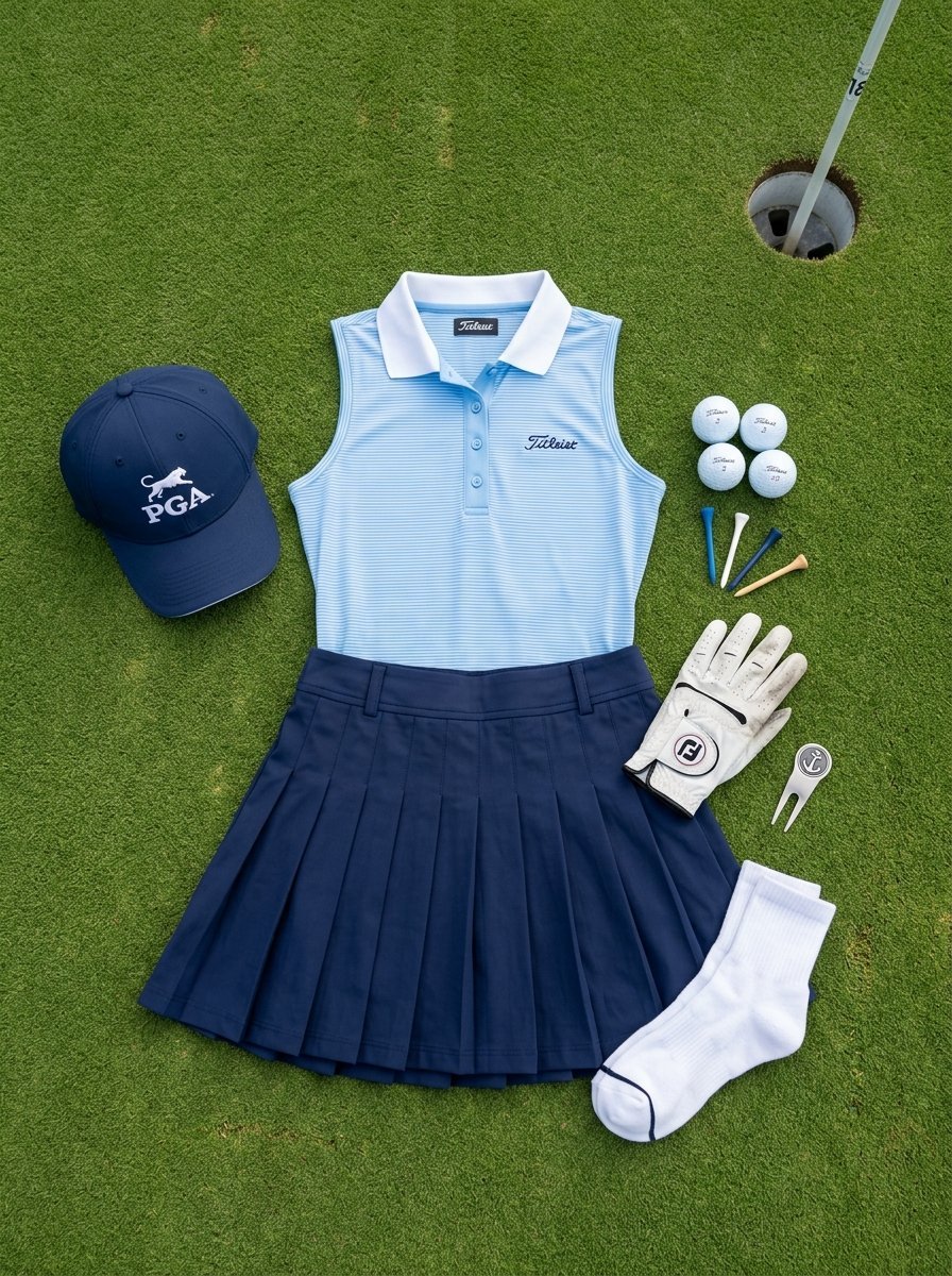 Blue sleeveless polo, navy pleated skirt, PGA hat, white golf glove, socks, and balls on a putting green surface.