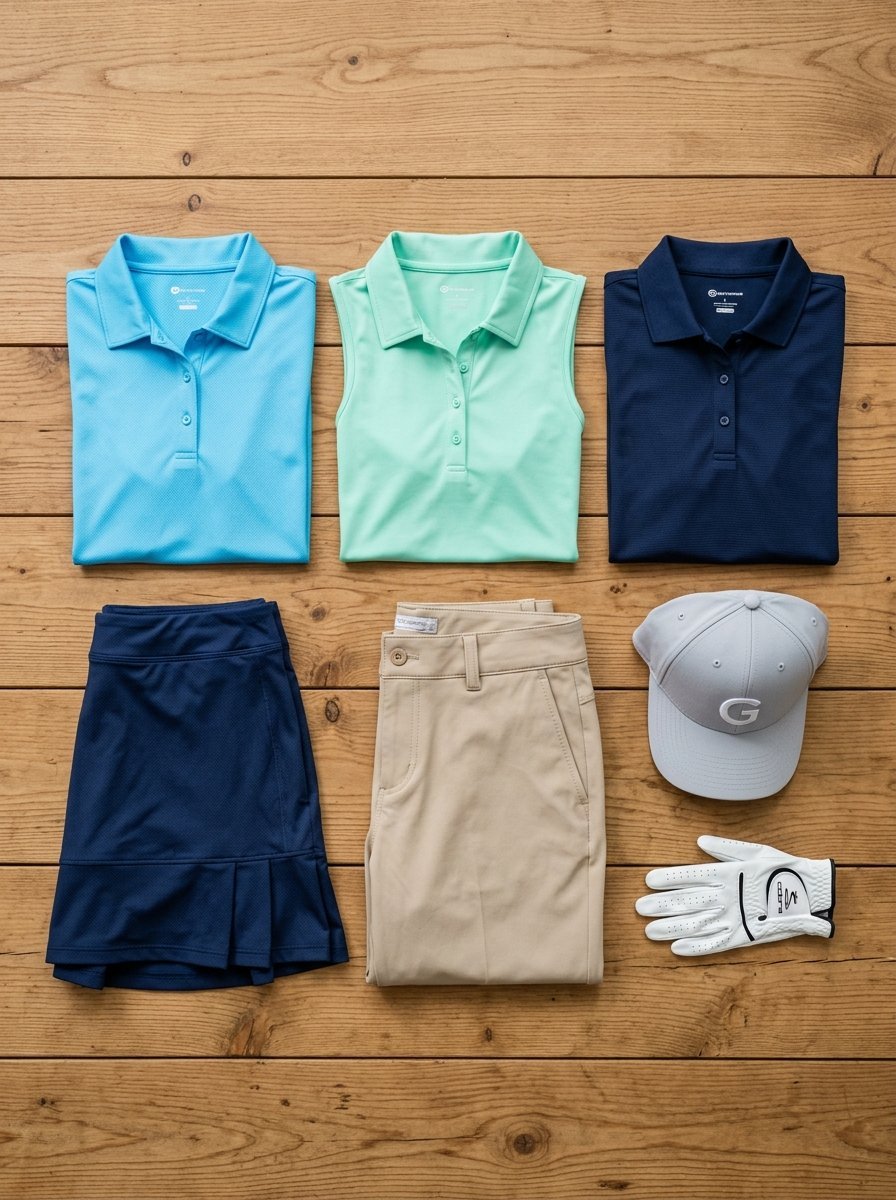 Top view of three golf polo shirts, a navy skort, beige golf pants, a grey cap, and a white golf glove on wood.