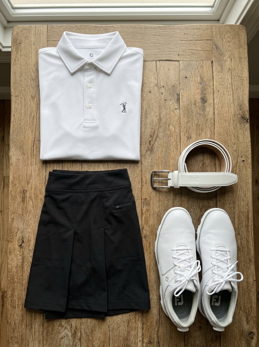 White FootJoy polo, black golf skirt, white belt, and white golf shoes laid out on a wooden table.