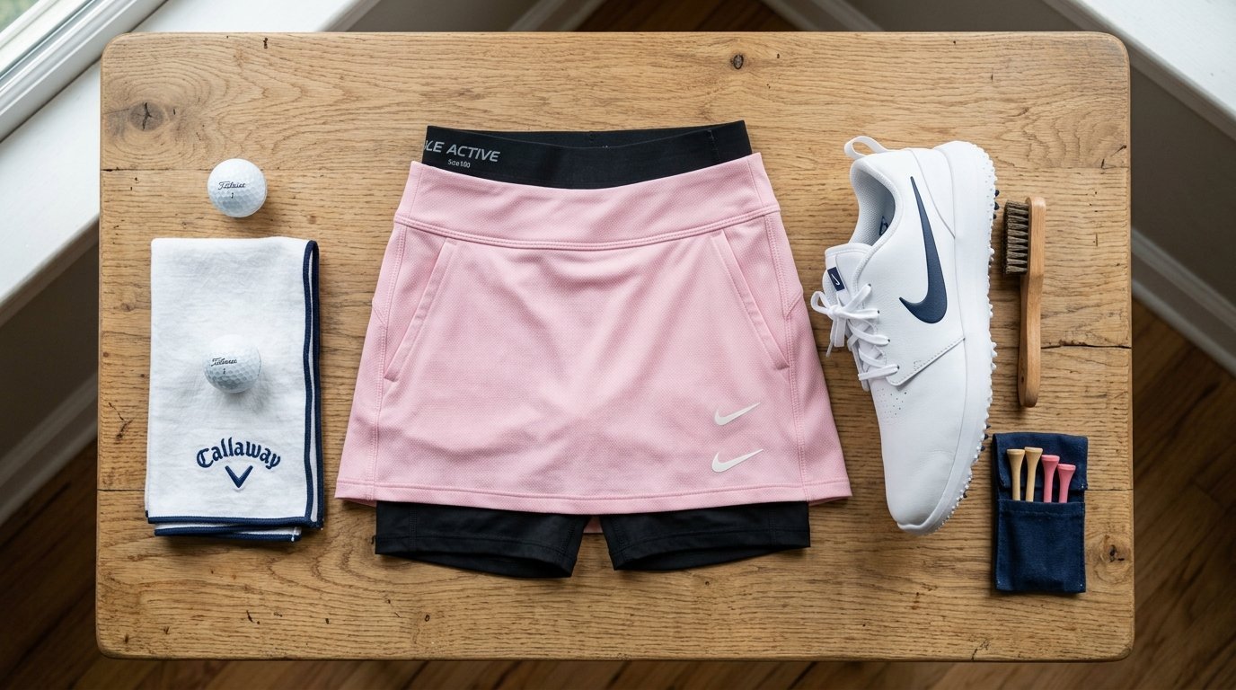 A pink athletic skort, white Nike golf shoes, golf balls, and tees laid out on a rustic wooden table.
