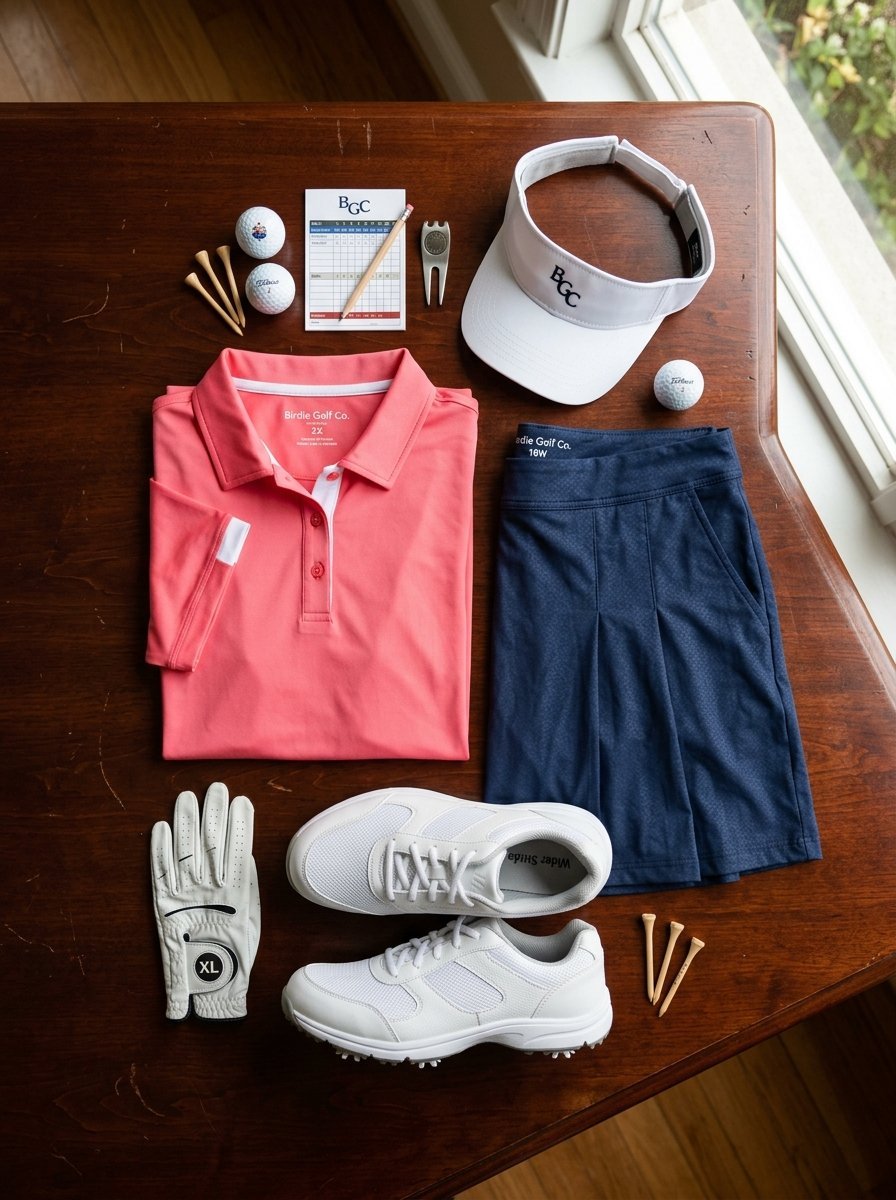 Flat lay of pink golf polo, navy skort, white shoes, golf glove, visor, balls, and tees on a wooden table.