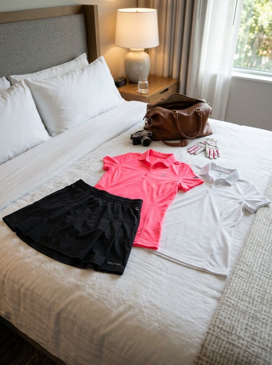 A hotel bed topped with a brown travel bag, camera, golf gloves, a black skort, and two polo shirts.