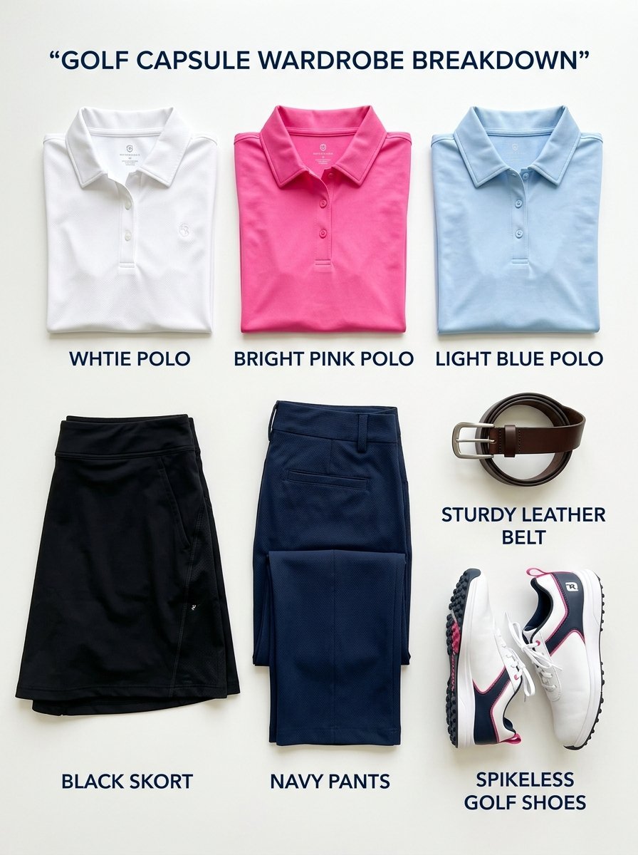 Flat lay of women's golf outfits featuring three polo shirts, a black skort, navy trousers, a brown belt, and golf shoes.