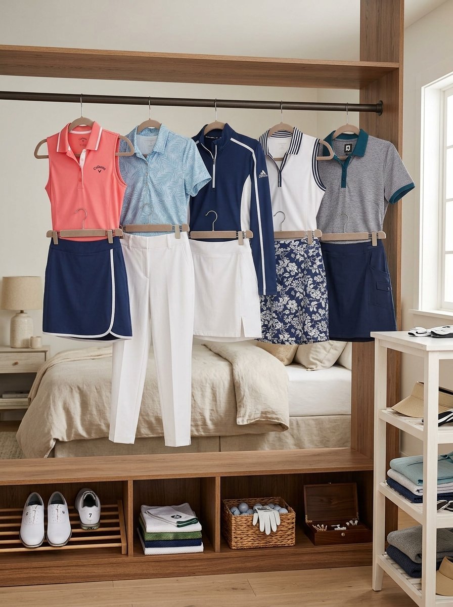 A collection of colorful golf shirts, skirts, and white trousers displayed on hangers in a walk-in closet.