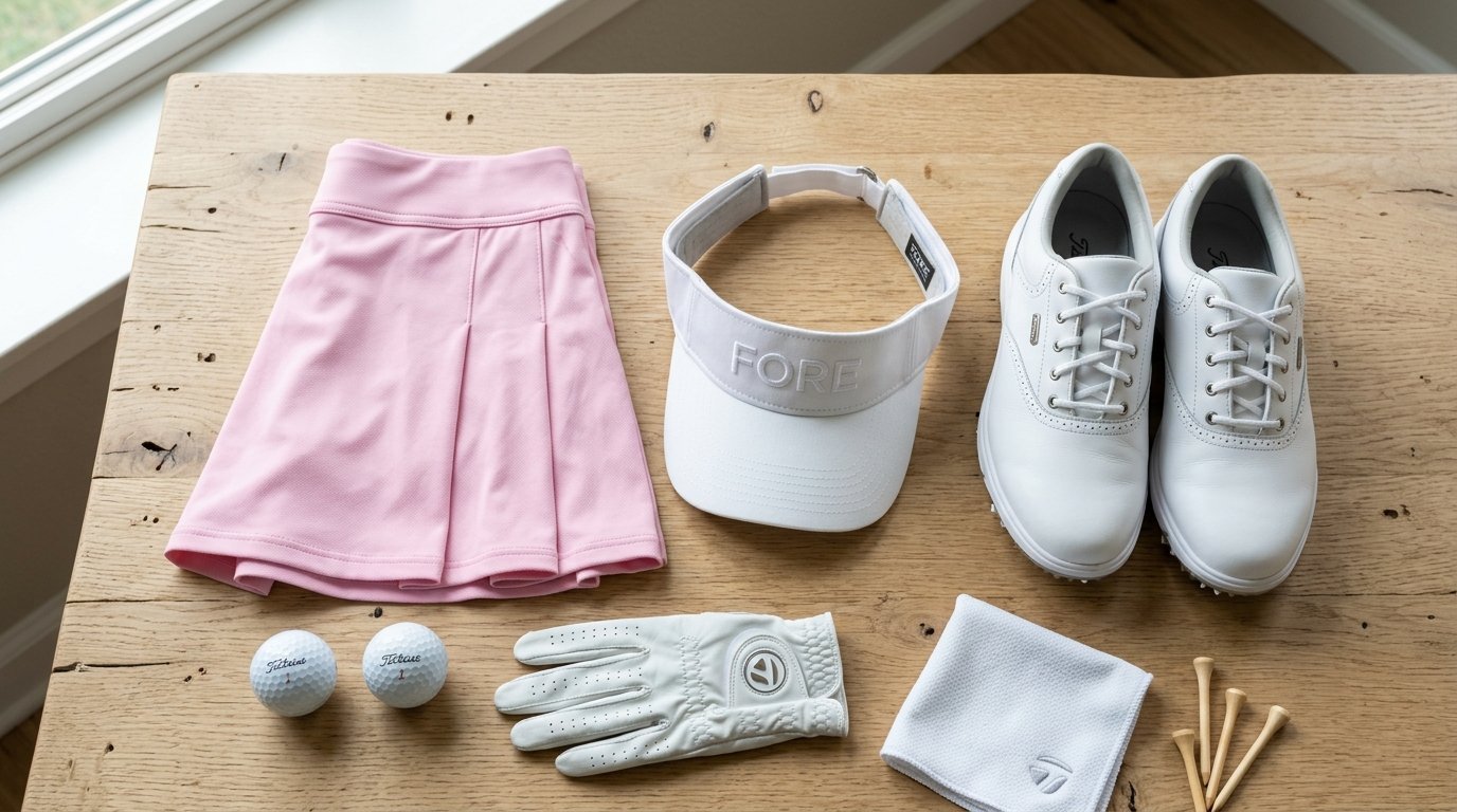 Flat lay of a pink skirt, white visor, golf shoes, two balls, a glove, towel, and tees on a wooden table.