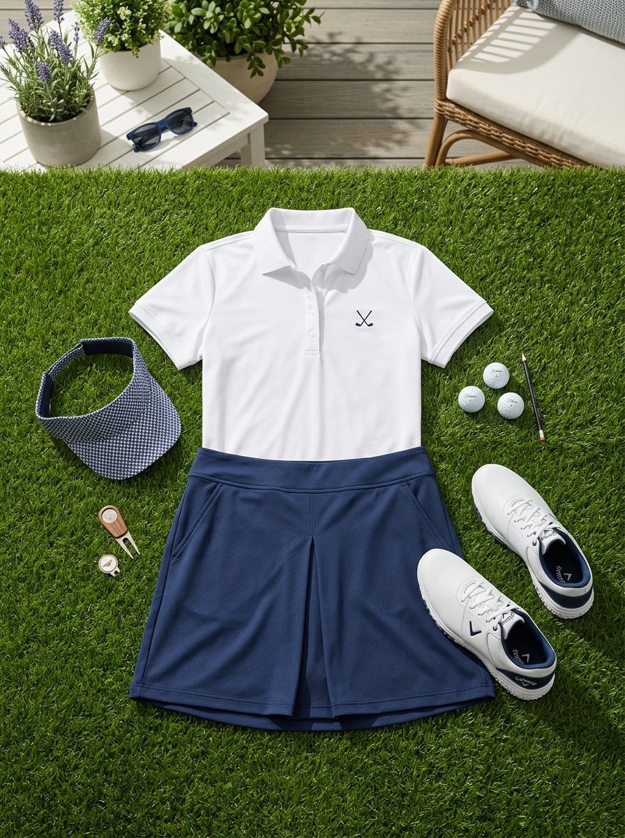 Flat lay of a white golf polo, navy skirt, shoes, visor, balls, and tees laid out on green artificial grass.