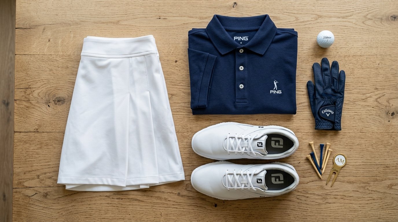Top-down view of a white skirt, navy Ping polo, golf shoes, glove, ball, and tees on wood.