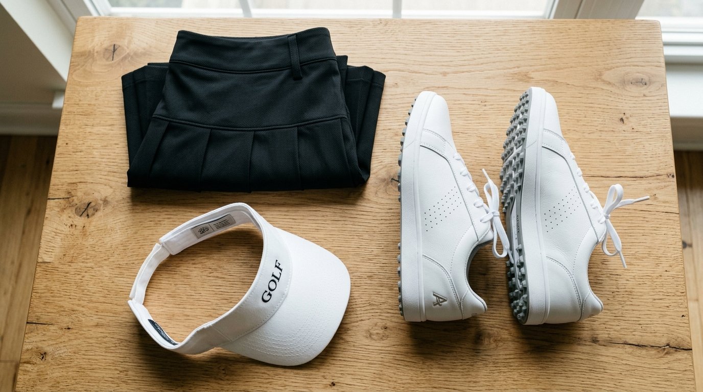A black pleated athletic skirt, white golf visor, and white leather golf sneakers arranged on a light wood table.
