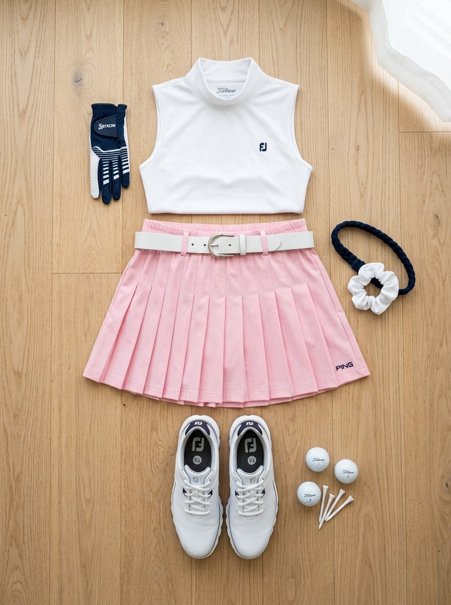 A flat lay of women's golf apparel including a pink skirt, white sleeveless top, golf shoes, glove, tees, and balls.