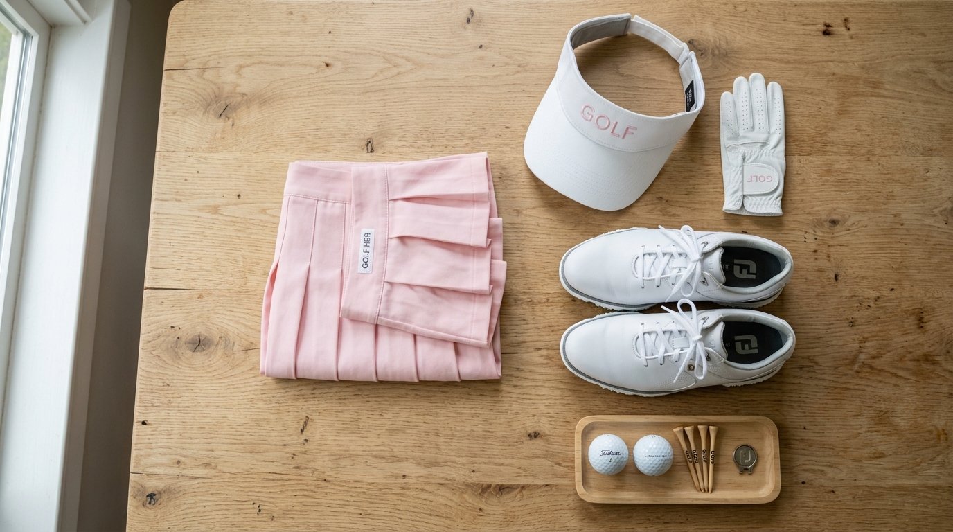 Pink skirt, visor, glove, FootJoy shoes, and golf balls on a wooden table.