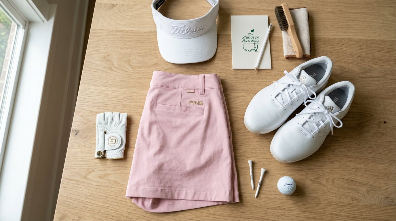 A pink golf skirt with Titleist visor, white shoes, glove, and Augusta National scorecard on a wooden table.