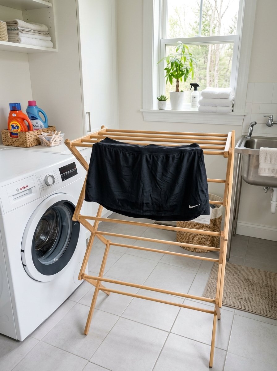 A pair of black Nike shorts hangs to dry on a wood accordion-style drying rack inside a bright home laundry space.