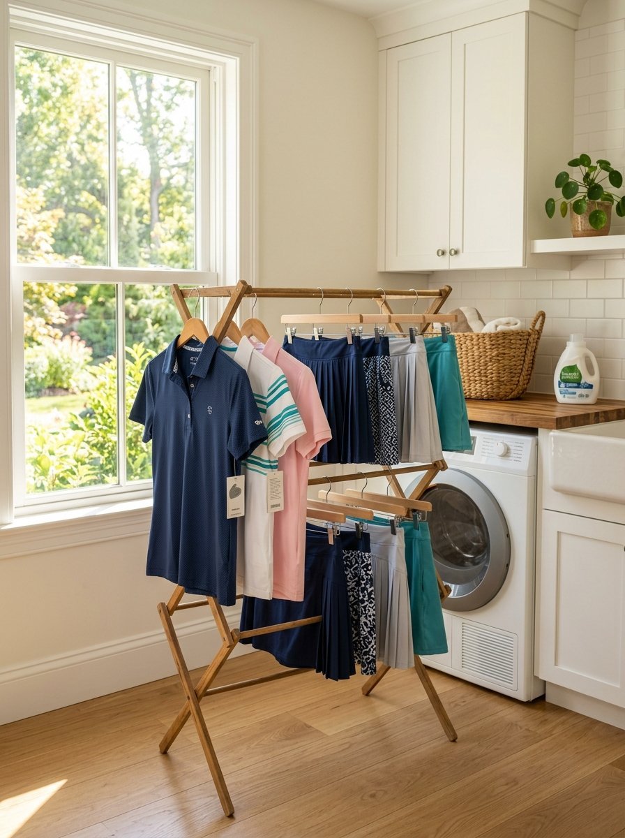 Clothes rack holding golf shirts and skirts by a laundry machine near a window.
