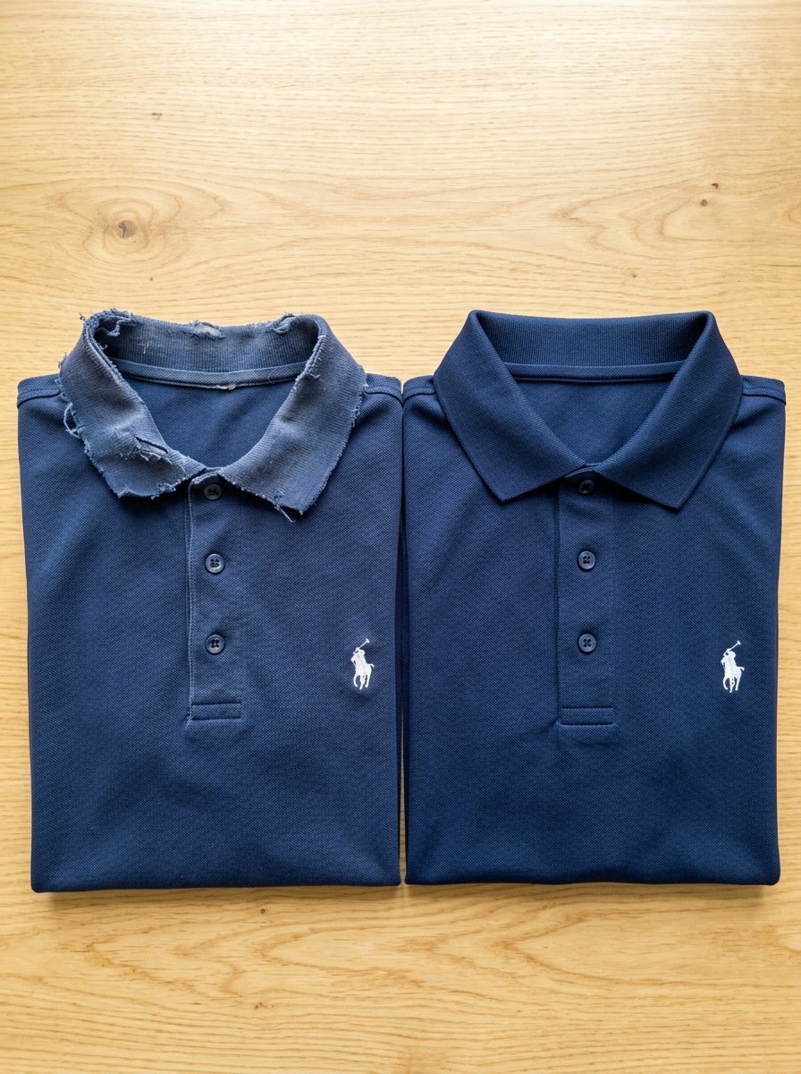 A comparison showing a worn, damaged blue polo shirt next to a brand new pristine blue polo shirt.