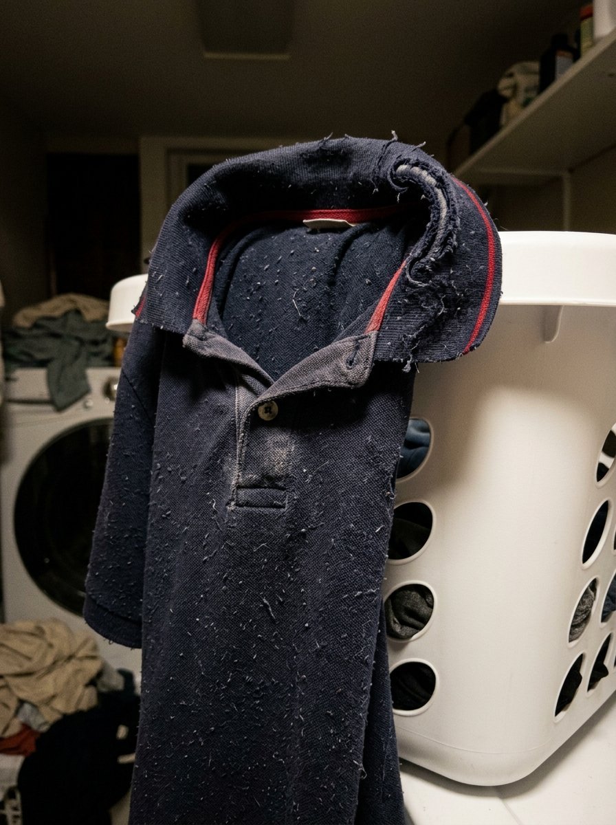 An old dark blue polo shirt covered in lint and pilling draped over a white plastic clothes basket.